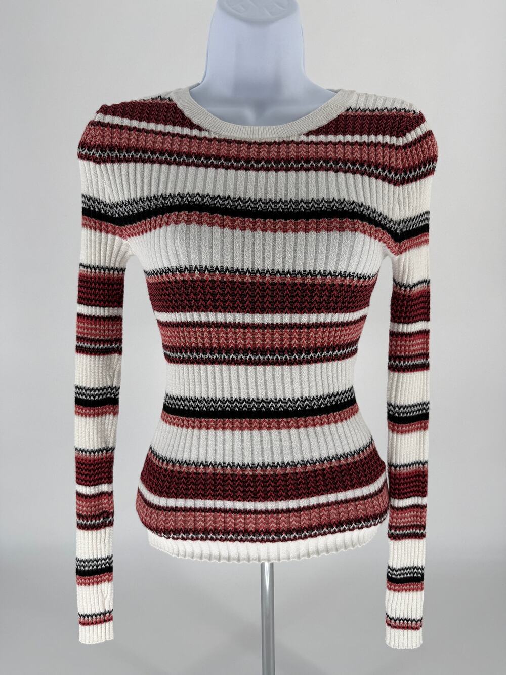 It’s Our Time Small Ribbed Sweater Burgundy Ivory Black Stripe Fitted Knit Top